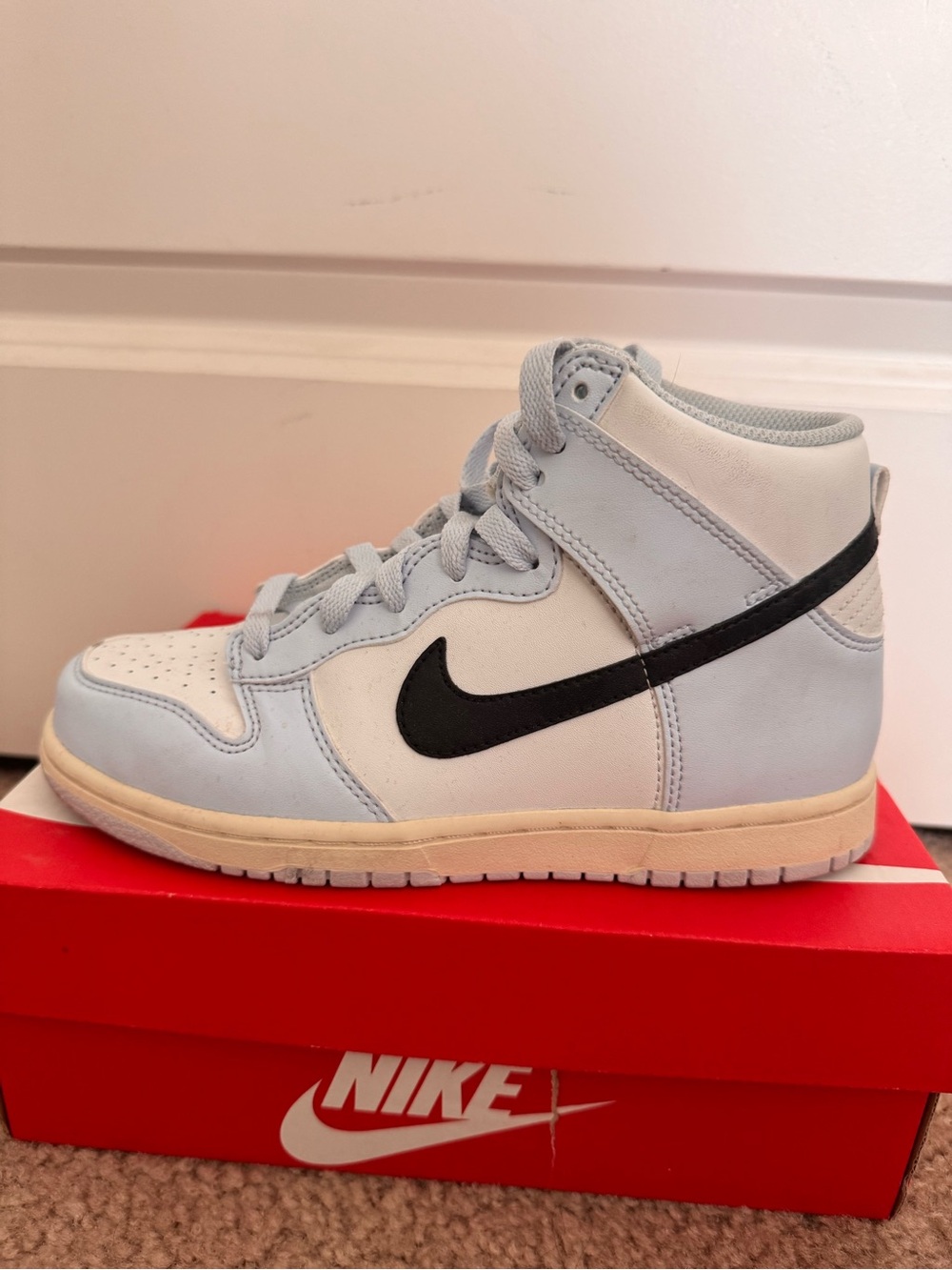 Kids’ Nike Dunk High Top Sneakers in Light Blue and White